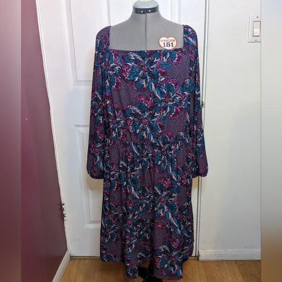 Lane Bryant Fantasy Floral 3/4 Sleeve Square Neck Tiered Fit & Flare Dress 26/28 - Picture 5 of 16